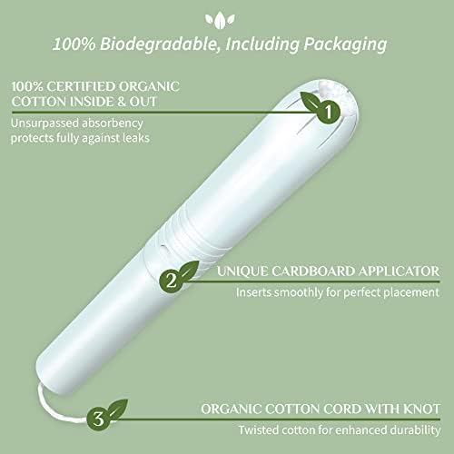 Organyc regular flow tampons with biodegradable cardboard applicator packaging details.
