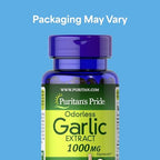 Puritan's Pride odorless garlic extract dietary supplement packaging details and daily dosage instructions