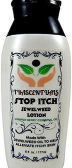 Close up of Trascentuals jewelweed lotion bottle highlighting the juniper berry essential oil ingredients.