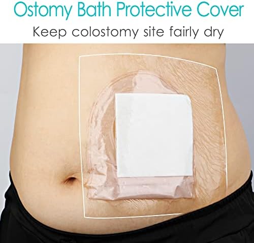 Waterproof ostomy bag cover being applied for shower protection.