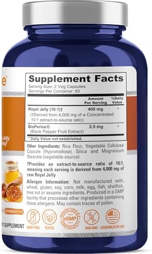 NusaPure Royal Jelly 120 veggie capsules supplement facts and ingredient label details