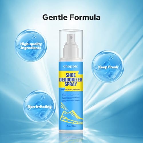 Compact Choppie shoe deodorant bottle showing the non-irritating formula details.