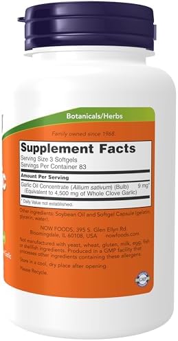 NOW Foods Garlic Oil triple strength 250 count packaging display detailing the supplement facts.