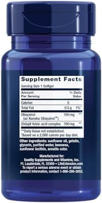 Life Extension CoQ10 softgels bottle with PrimaVie shilajit details for mitochondrial support