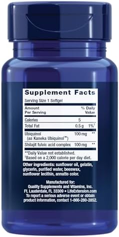 Life Extension CoQ10 softgels bottle with PrimaVie shilajit details for mitochondrial support