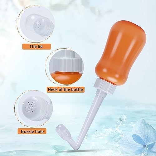 Upside down ergonomic design of FOOFOO orange peri bottle.