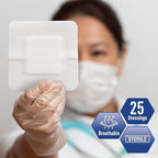 MED PRIDE first aid wound dressings arranged to display thickness absorbency layers and secure adhesive borders.