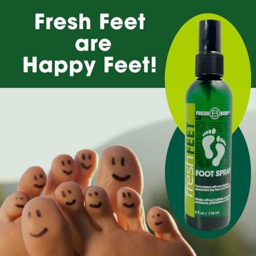 Hypoallergenic foot spray by Fresh Body showing paraben free and sulfate free claims.