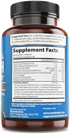 Side view of NutraHerbals brain booster packaging showing the ninety day supply product information.