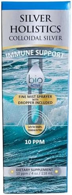 Silver Holistics Colloidal Silver liquid supplement highlighting the clear color and premium glass packaging.