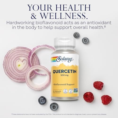 Side view of Solaray Quercetin 500mg bottle displaying clean ingredients and lab-verified quality seals
