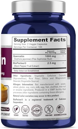 NusaPure Quercetin 200 veggie capsules supplement facts and label information showing ingredients