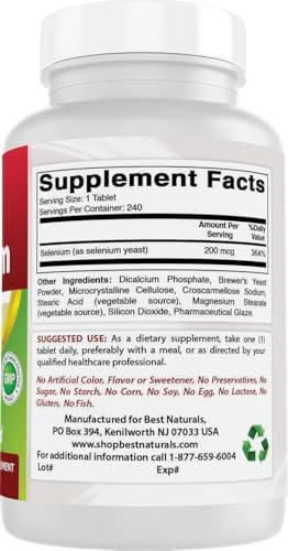 Best Naturals Selenium 200mcg supplement facts and daily usage instructions label view