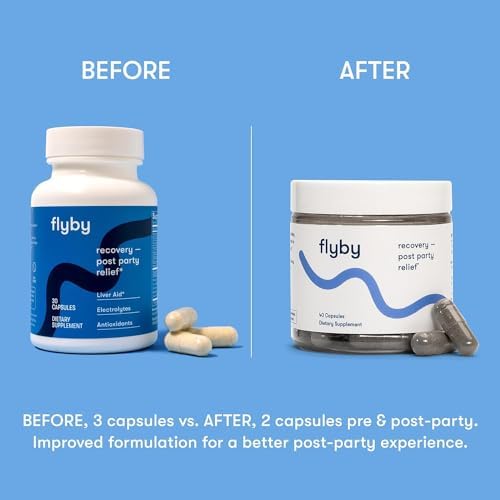 Side view of Flyby recovery capsules package showing premium ingredients list.
