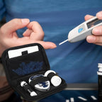 GENCAM travel pouch packed with lancing device test strips and lancet accessories