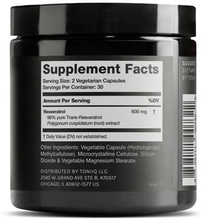 Toniiq Resveratrol supplement bottle label details