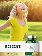 Carlyle bee pollen complex bottle highlighting gluten free and vegetarian formula features.