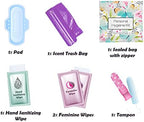 Emergency period kit contents including tampon pad and hygiene wipes