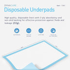 Dynarex disposable incontinence pads unfolded showing the soft white top layer and non-skid blue backing.