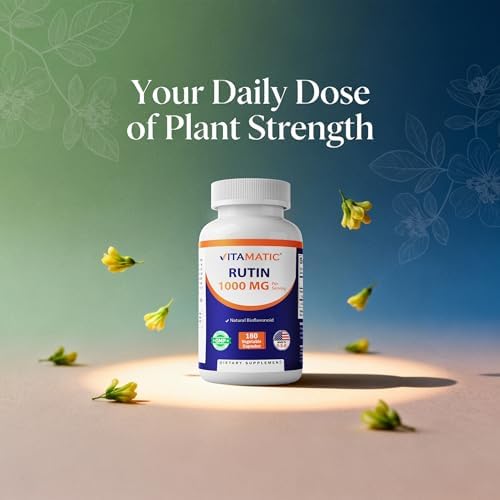 Side angle of Vitamatic Rutin dietary supplement bottle detailing vegetarian-friendly ingredients