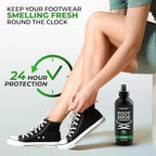 Foot spray being applied to sneakers for 24 hour freshness