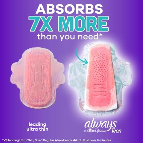 Always Radiant Teen unscented sanitary napkins for heavy flow protection