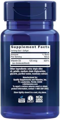 Life Extension Vitamin D3 dietary supplement cholecalciferol ingredient label view