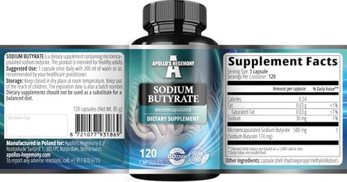 Vegan capsules butyric acid dietary supplement on clean white background