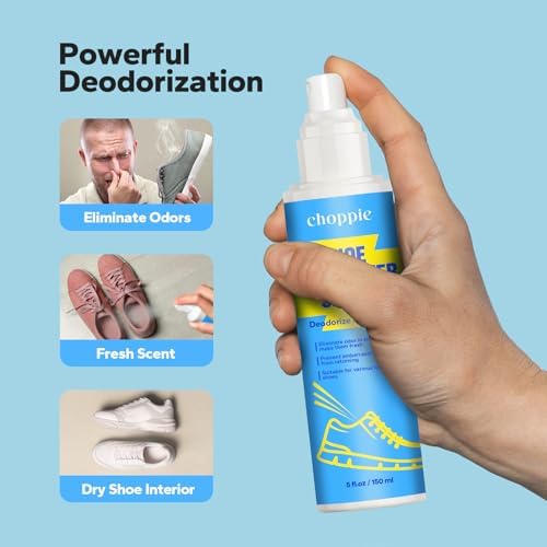 Choppie footwear freshener spray for eliminating embarrassing foot odors in sneakers.