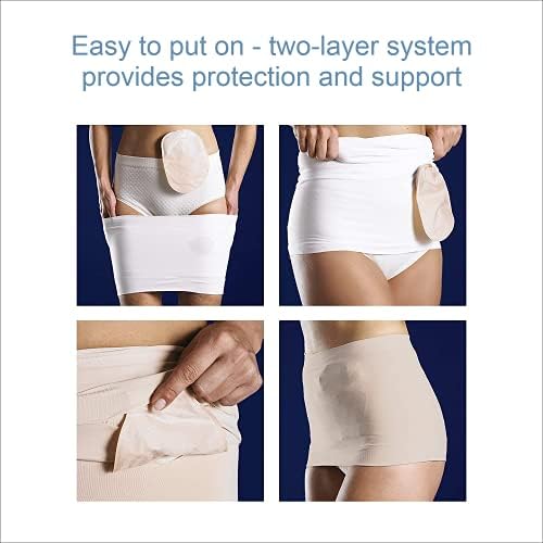 Seamless beige ostomy garment for hernia prevention and active lifestyle