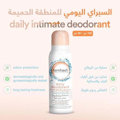 Close up of Femfresh intimate deodorant spray highlighting talc free and gynecologically tested labels