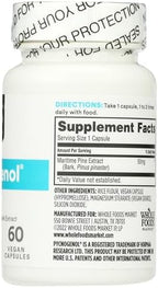 Close-up of the clean label and certifications on the Pycnogenol supplement bottle