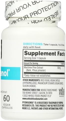 Close-up of the clean label and certifications on the Pycnogenol supplement bottle