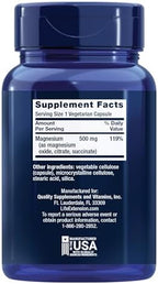 Side angle of Life Extension triple magnesium complex supplement bottle detailing heart and bone health benefits.