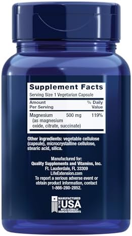 Side angle of Life Extension triple magnesium complex supplement bottle detailing heart and bone health benefits.