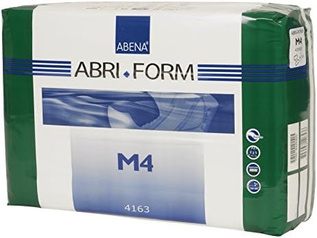 Back packaging design of Abena adult briefs explaining the four-tape fit system and top-dry technology parameters.