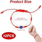Close up of handmade 7 knot evil eye red string bracelet