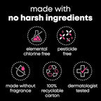 Dermatologist-tested label on U by Kotex 100 count panty liner bulk pack.