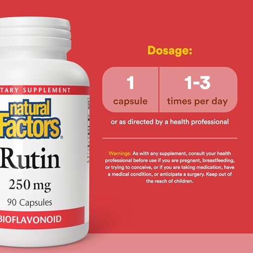 Natural Factors Rutin 250mg ninety capsules packaging displaying manufacturing certifications and brand quality seals