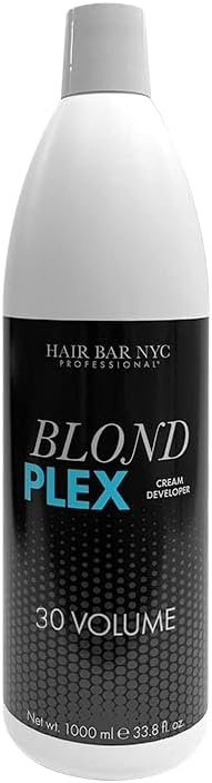 Side view of the Hair Bar NYC Blond Plex box highlighting the bond building formula and ten levels extreme lifting capability.