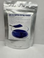 Pure vibrant blue GHK Cu peptide powder one gram container top view