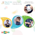Toddler wearing the blue dinosaur Wipeband wristband on their arm during outdoor playtime.