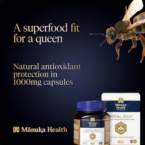 Side view of Manuka Health Royal Jelly 365 capsules highlighting nutritional facts and ingredient list.