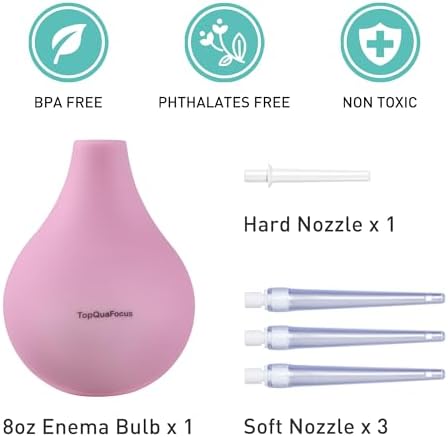 Close up of the soft pink 224ml flushing bulb and attachments.