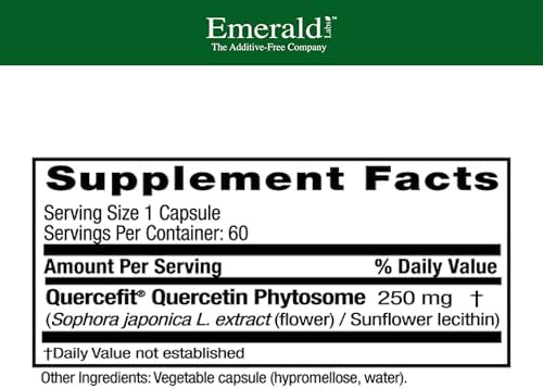 Emerald Labs Quercetin Complex supplement facts label highlighting 250 mg Quercefit dosage.