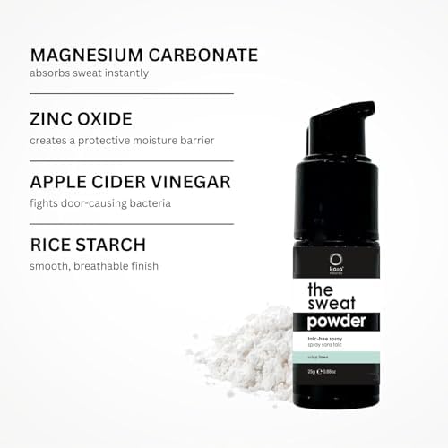 Kaia Naturals Crisp Linen scent sweat powder spray packaging details.