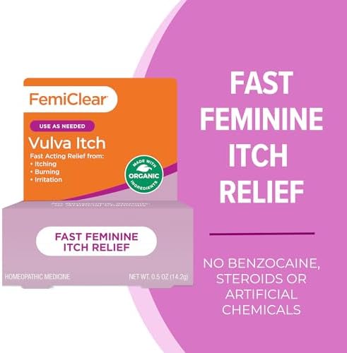 FemiClear organic feminine itch ointment packaging showing all natural ingredients list.