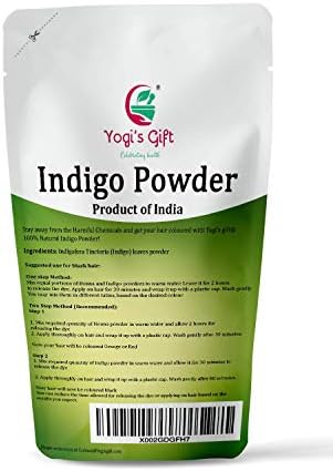 Yogi's Gift Indigofera Tinctoria hair color package showing free gloves and cap