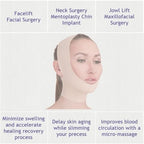 Side profile of beige neck and chin compression garment showing ear openings.