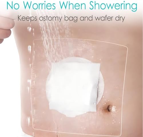 Waterproof adhesive dressing for ostomy bag protection during showering.
